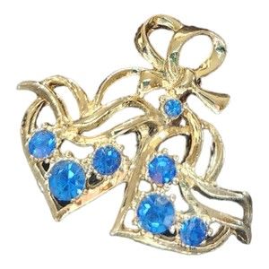 Double Heart Brooch Silver-Tone with Blue Rhinestones  2"w x 1-1/2"h
